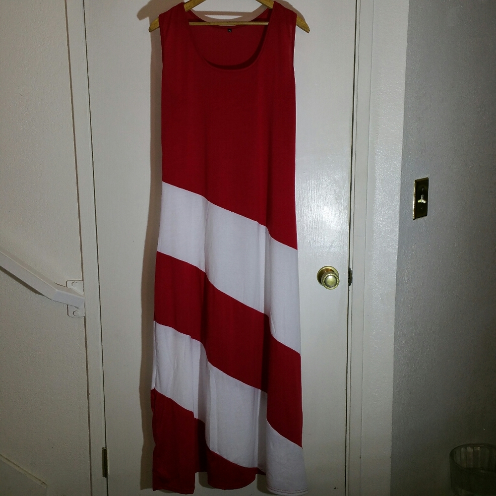 Red and white spiral striped sleeveless maxi dress